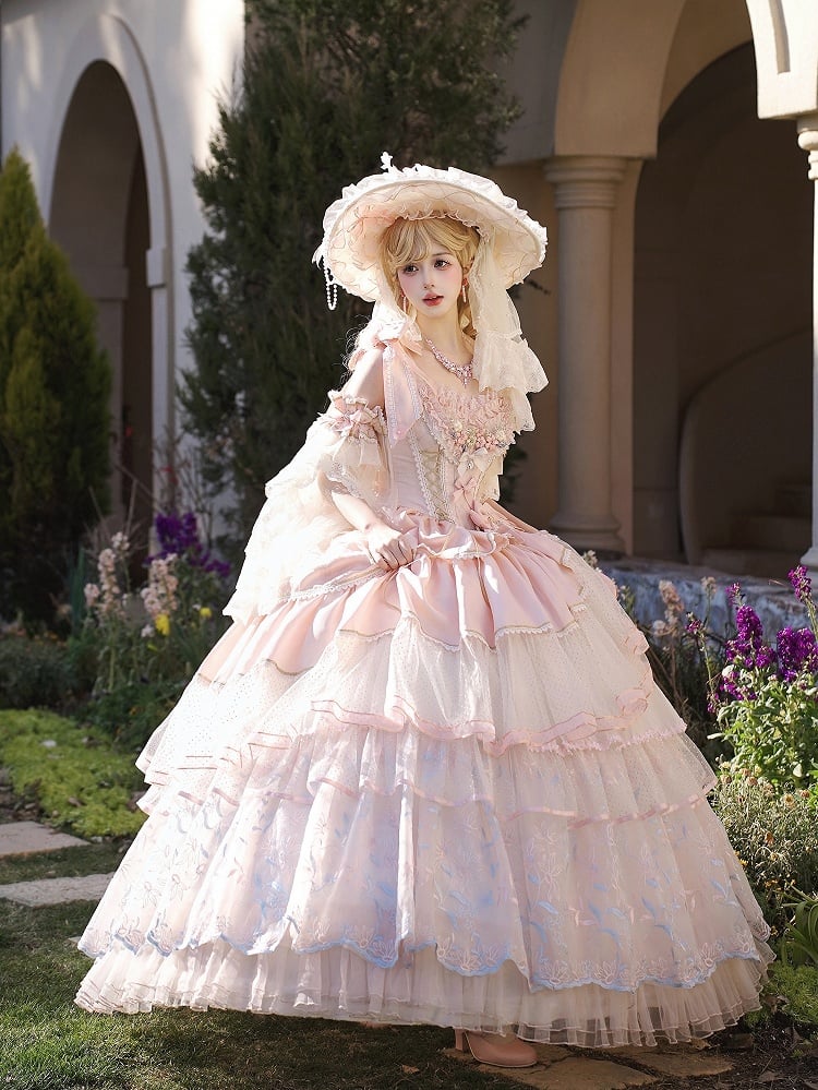 Hanayome Pink Corset Waist Hime Lolita Floor Length Dress Long Version with Floral Embroidery Layered Hem | Lukemi | CoyBunny