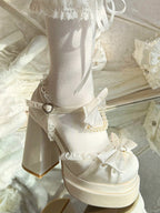 White Platform Round Toe Shoes with Pearl Chain & Lace Bow Accent 12cm Heels - Witch's Night | CoyBunny