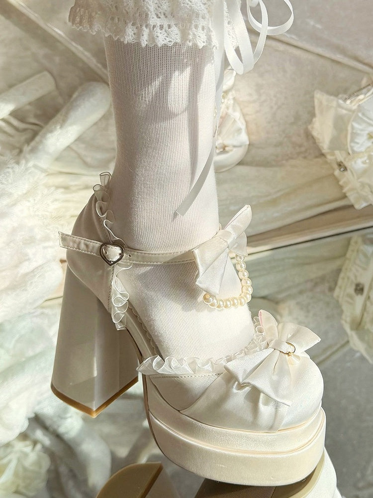 White Platform Round Toe Shoes with Pearl Chain & Lace Bow Accent 12cm Heels - Witch's Night | CoyBunny
