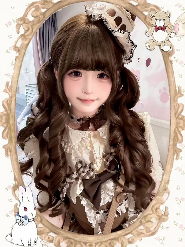 Bubble Tea Kawaii 60cm Wavy Double Tail Wig with Curly Fringe - Meow Island Wig | CoyBunny