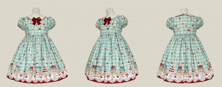 Mint Green High-Waisted Cherry and Dessert Print Sweet Lolita Gingham Dress | CoyBunny
