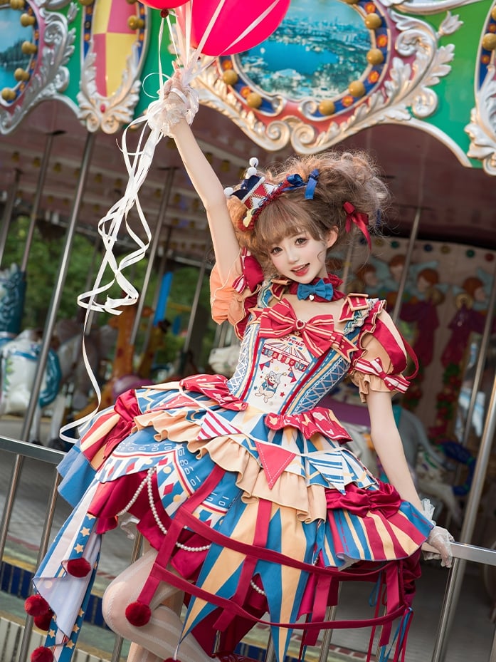 Red and blue bunny circus Sweet Lolita JSK dress ¨C drawstring skirt detail