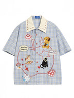 Daily Kawaii Blue Plaid Shirt with Animal Embroidery - Languid Park | CoyBunny