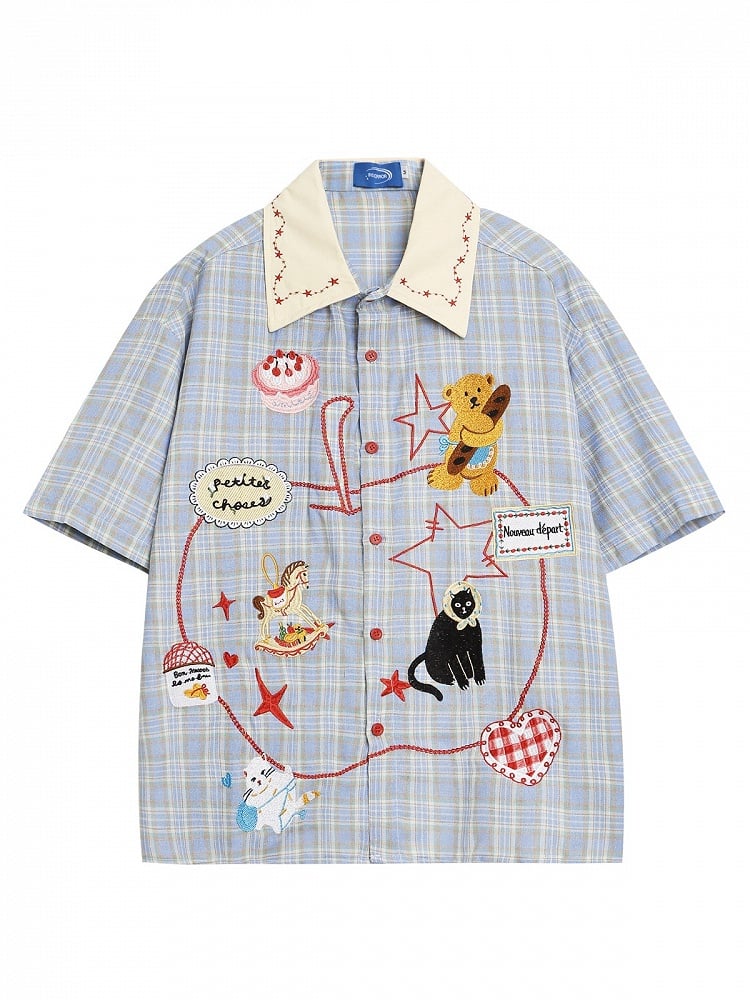 Daily Kawaii Blue Plaid Shirt with Animal Embroidery - Languid Park | CoyBunny