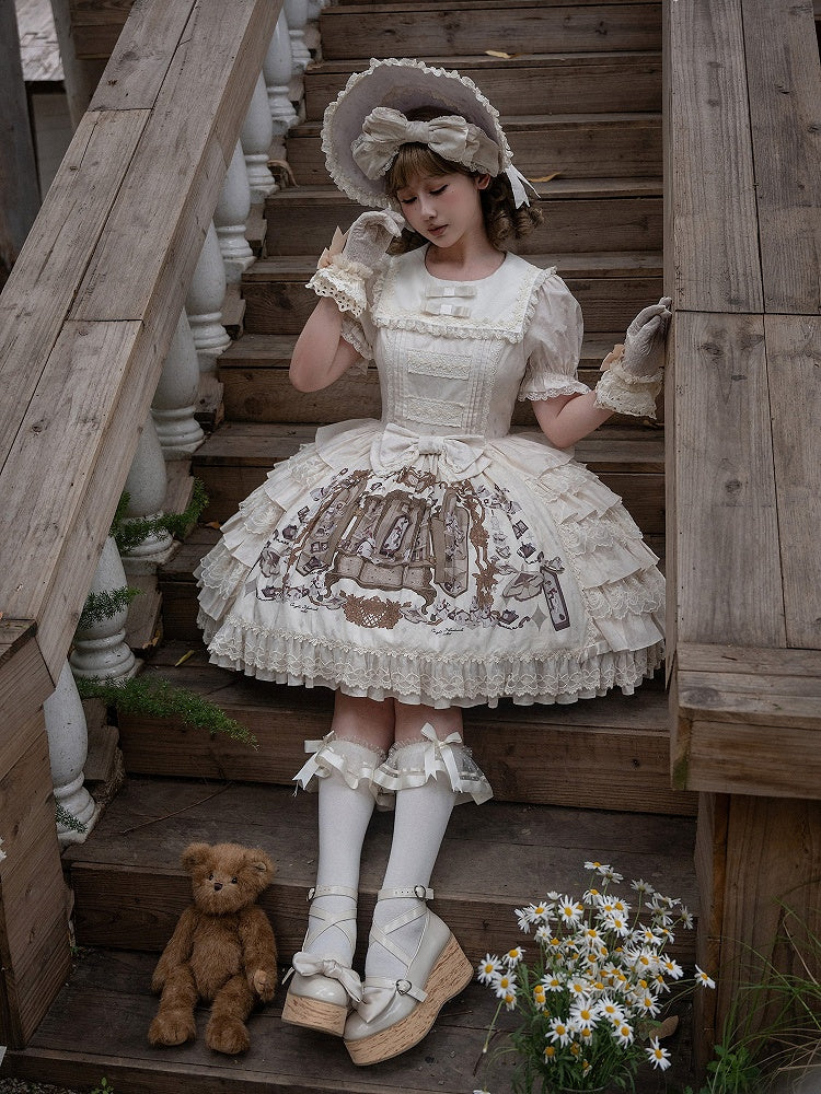 Beige and Brown Bunny Print Round-Neck Lace Ruffle Dress - NnSTAR | CoyBunny