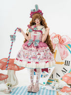 Pink & Green Alice Cat Vibes Sweet Lolita Jumper Skirt with Polka-dot Apron - Mewroco | CoyBunny