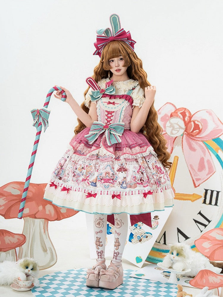 Pink & Green Alice Cat Vibes Sweet Lolita Jumper Skirt with Polka-dot Apron - Mewroco | CoyBunny