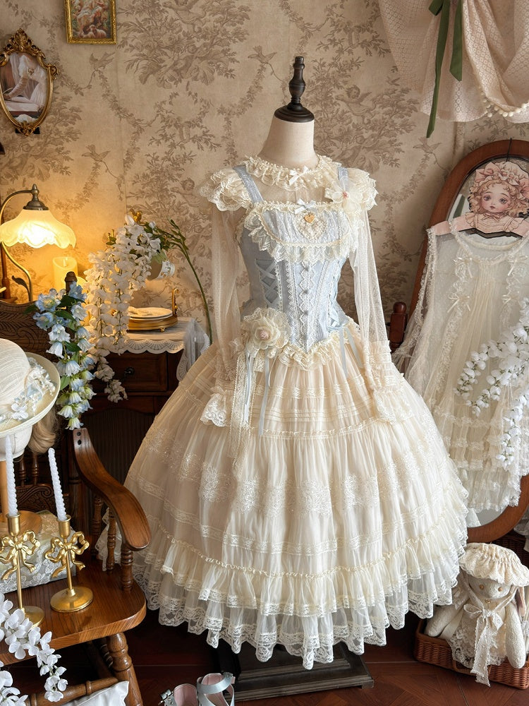 Princess Top & Skirt Set with Lace, Floral, Blue & White Sweet Lolita - Twilight Flower Letter | CoyBunny