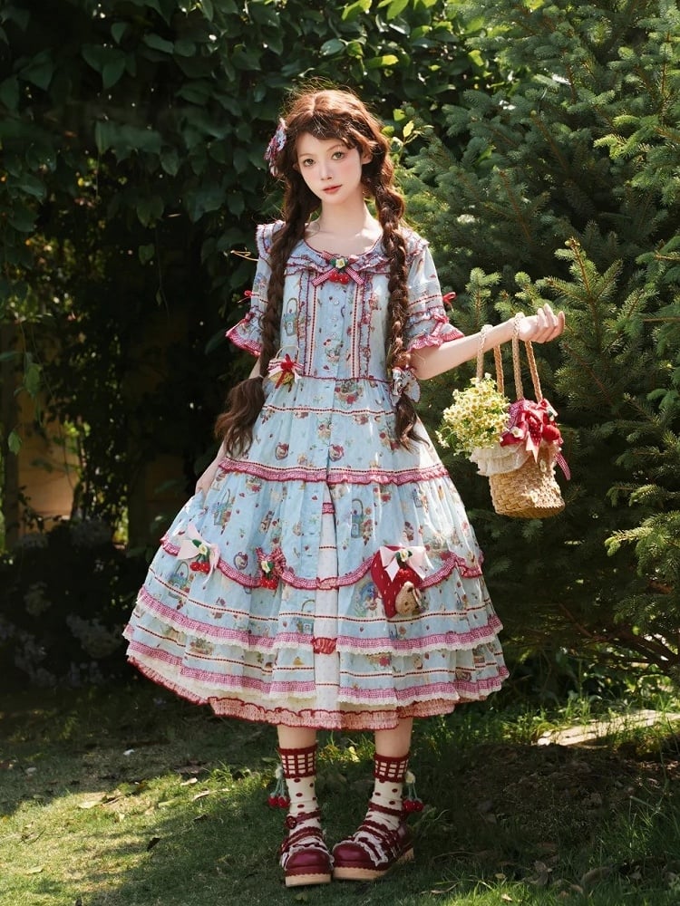 Blue Red Short Sleeve Ruffles Cottagecore Lolita OP Dress - DrunkCoco | CoyBunny