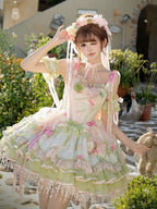 Sweet Lolita JSK Set with Floral Crown and Detachable Sleeves - Sweetheart Macaron Lolita | CoyBunny