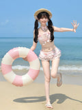 Sweet Strawberry Themed Light Pink Gingham Two-Piece Swimsuit Set Halter Top and Skirted Swim Brief - To Alice | CoyBunny