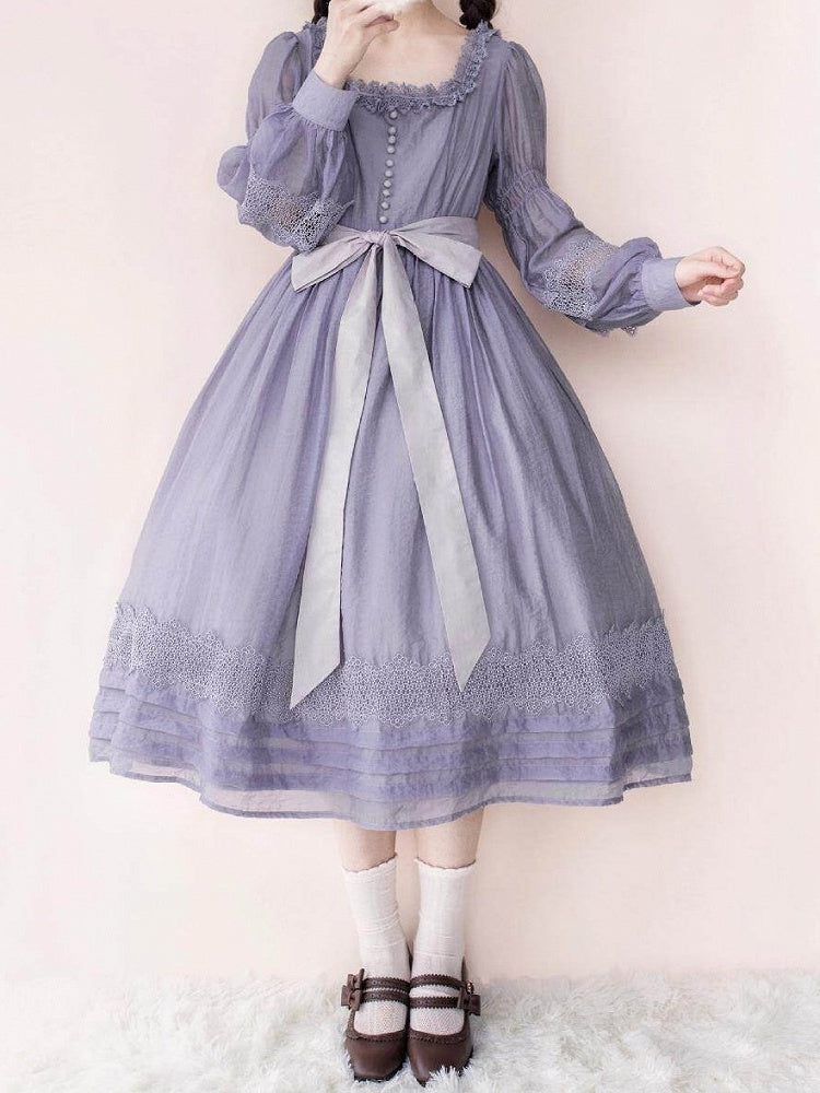 Purple Square Neck Classic Lolita Long Sleeve OP | CoyBunny