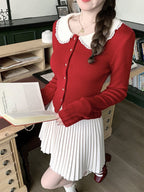 Red Knit Peter Pan Collar Cardigan with Lace - Qchiwawameme | CoyBunny