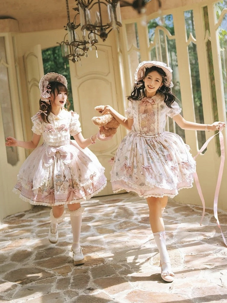 Sweet Lolita OP Dress Set with Puff Sleeves, Bear Print and Floral Embroidery - Treasure House | CoyBunny