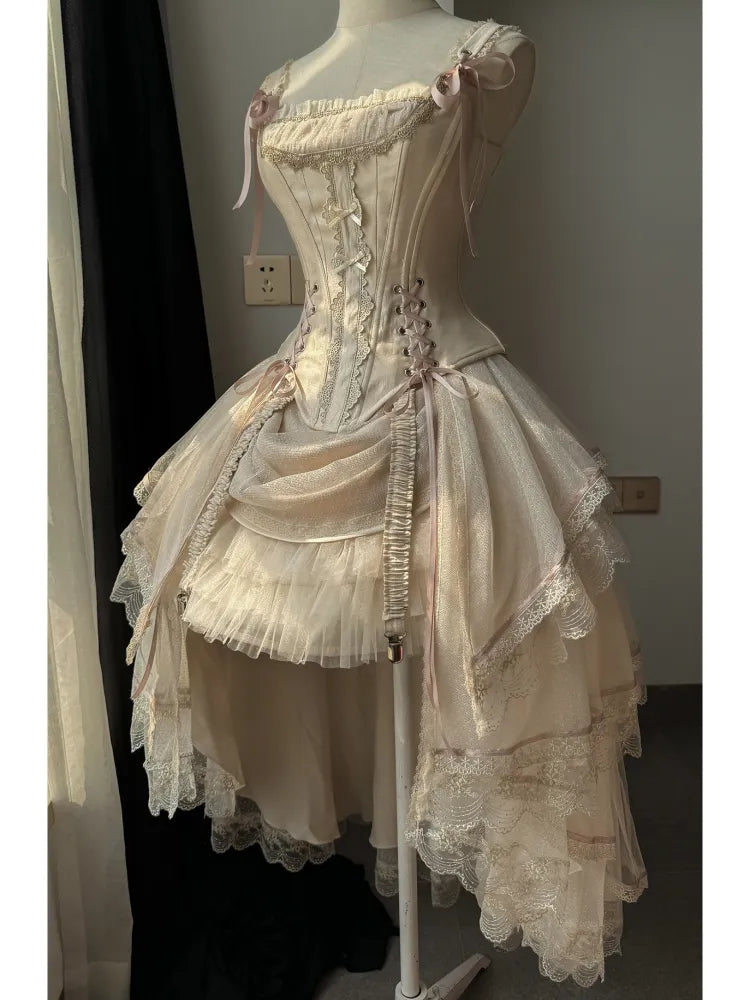 Champagne Lace-up Corset Top + High-low Layered Lolita Skirt (S-XL) | CoyBunny