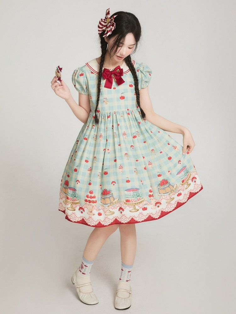 Mint Green High-Waisted Cherry and Dessert Print Sweet Lolita Gingham Dress | CoyBunny