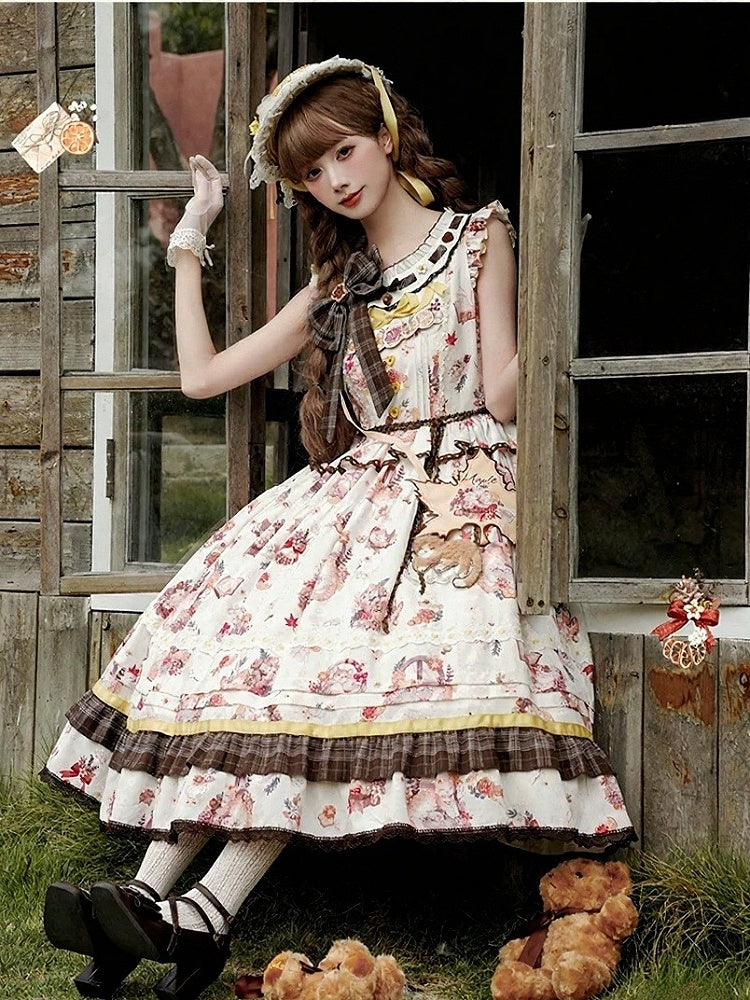 Cat and Maple Floral Print Jumper Skirt with Ruffle Trim - Lineall Cat | CoyBunny