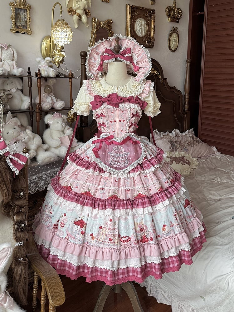 Pink Cherry Cake Print Sweet Lolita Dress with Layered Ruffles - Strawberry Fantasy | CoyBunny