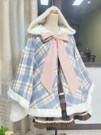 Blue Plaid Pattern Self-tie Big Bow Neckline Hooded Cape Coat | CoyBunny
