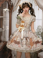 Green Cat Print Square Neckline Sweet Lolita JSK Dress with Plush Cat Patch - NyaNya | CoyBunny