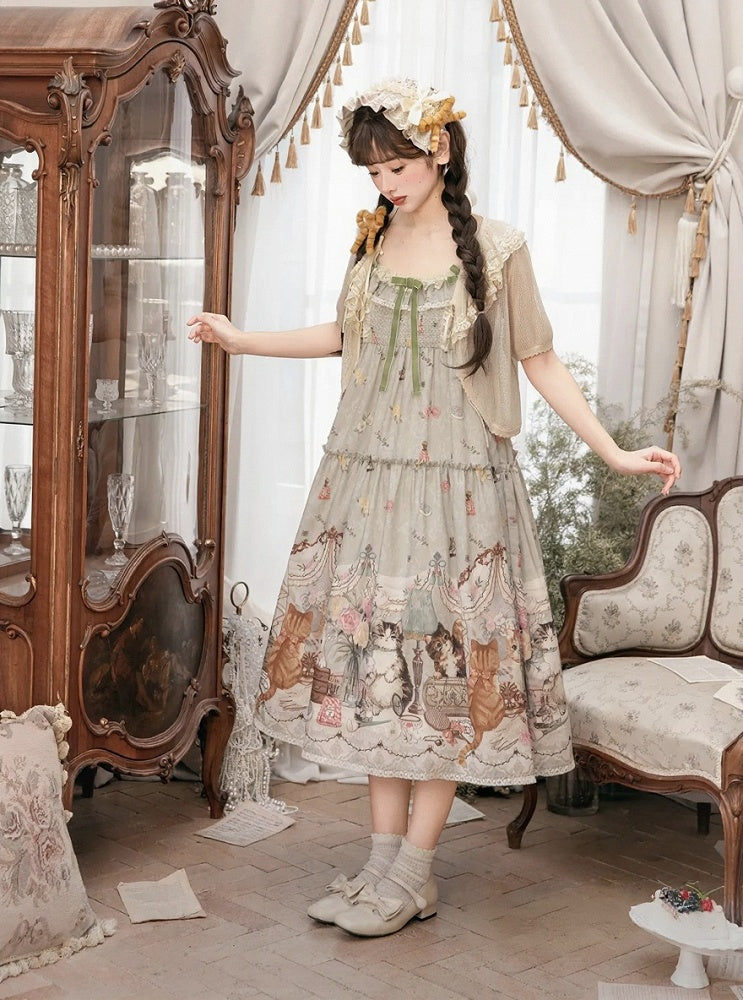 Green Cat Print High Waist Sweet Lolita Jumper Skirt - NyaNya | CoyBunny