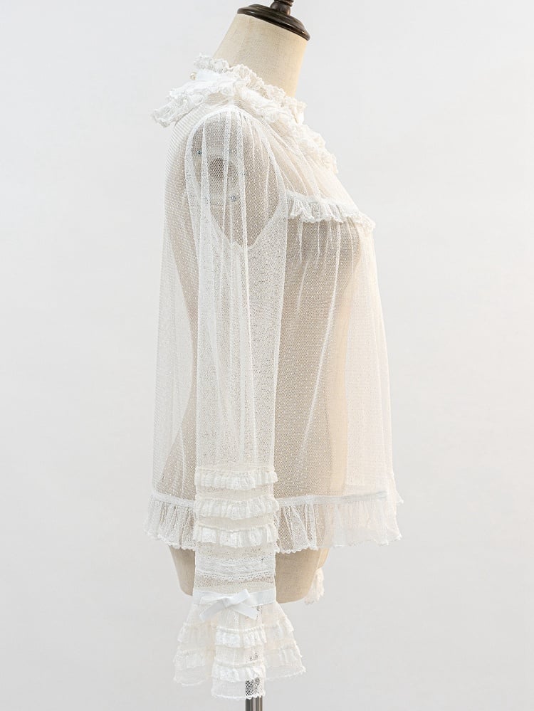 White Ruffle Neckline Sheer Long Sleeves Blouse | CoyBunny