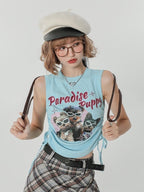 Light Blue Retro Puppy Print Ruched Sleeveless Top - Girlyhalo | CoyBunny