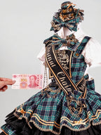 Green Idol Lolita Plaid JSK Dress with Golden Bear Embroidery and Black Scalloped Hem - LiLi Chain | CoyBunny