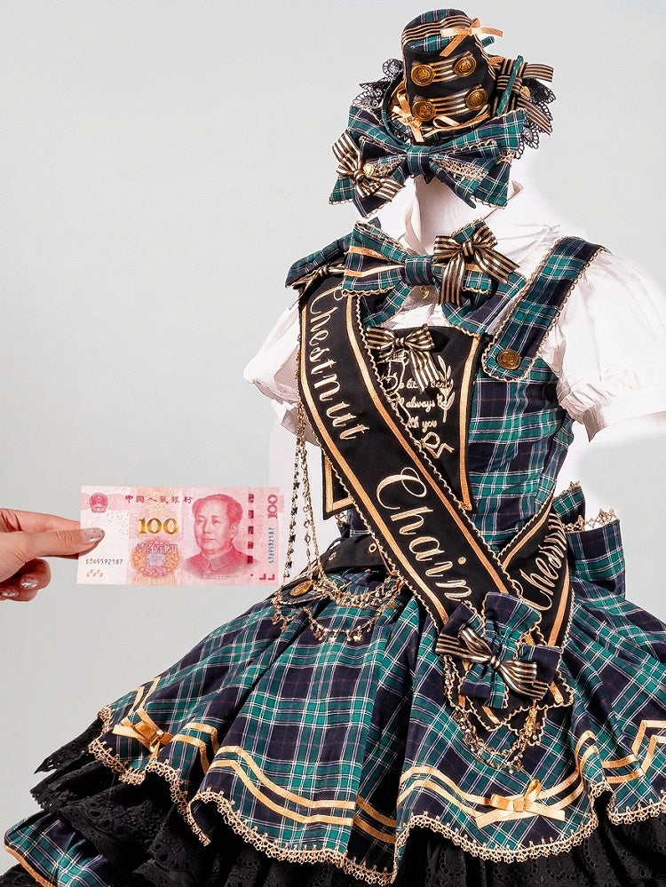 Green Idol Lolita Plaid JSK Dress with Golden Bear Embroidery and Black Scalloped Hem - LiLi Chain | CoyBunny