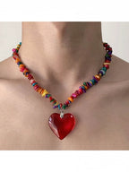 Y2K Multicolor Necklace with Red Heart Pendant - YSHXS | CoyBunny