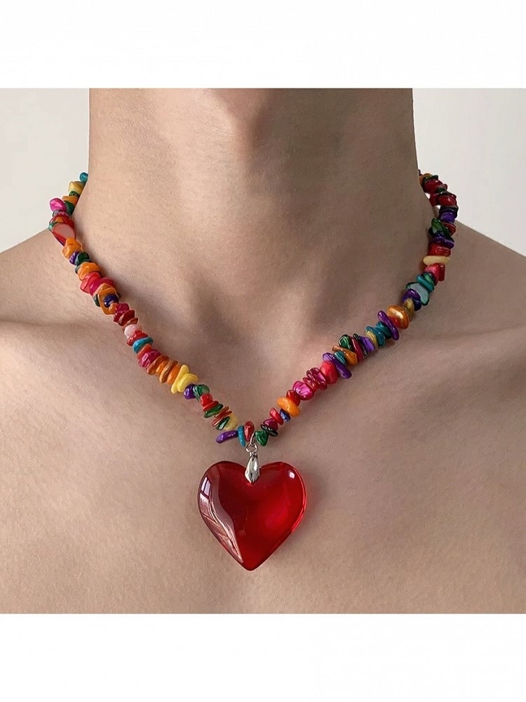 Y2K Multicolor Necklace with Red Heart Pendant - YSHXS | CoyBunny