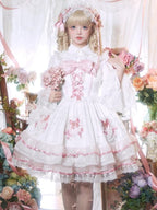 White and Pink Bowknot Details Tiered Skirt Sweet Lolita Dress Jumper Skirt | CoyBunny