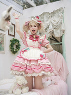 Strawberry Theme Sweet Lolita OP with Apron, Sakura Pink Striped Pattern - Sakurahime | CoyBunny