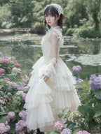 Beige Flutter Sleeve Ruffle Round Neck Tulle Tiered Skirt Lolita OP - With PUJI | CoyBunny
