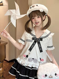 Cute Seal White Sailor Collar Short Sleeve T-Shirt with Bow and Ruffle - To Alice | CoyBunny