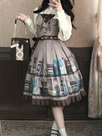 Gray Brown Coffee Cup Bookshelf Print Elegant JSK Dress Ruffled Hem - Dream Whale | CoyBunny