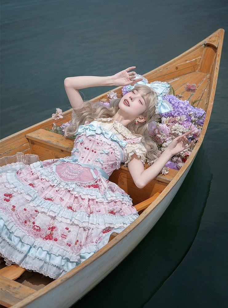 Blue Cherry Cake Print Sweet Lolita Dress with Bow Details - Strawberry Fantasy | CoyBunny