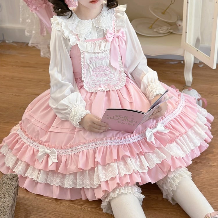 Teddy & Cake Embroidery Sweet Lolita Dress ¨C Square Neck Tiered Skirt | Miss Han | CoyBunny