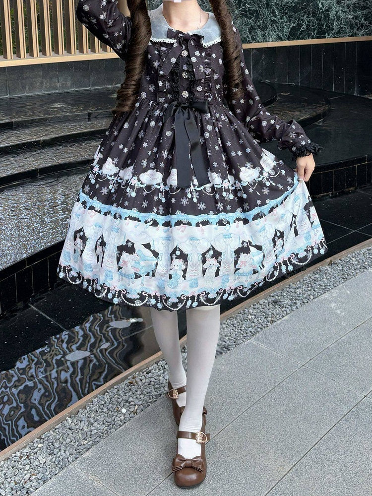 Peter Pan Collar Sweet Lolita Black Long Sleeves Dress with Bunny and Snowflake Print | CoyBunny