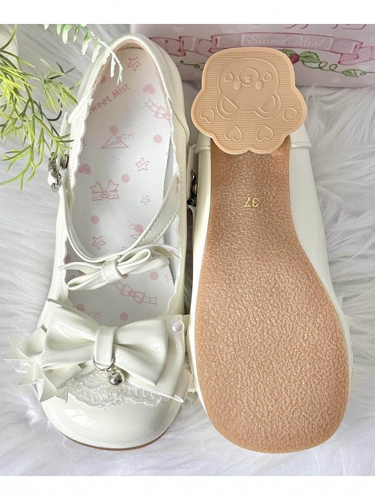 White Lolita Bow Pearl Round Toe Shoes - Sweet Mist | CoyBunny