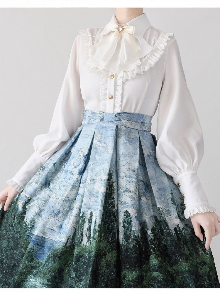 White Long Sleeve Flounce Hem Elegant Lolita Blouse with Puff Sleeves | CoyBunny