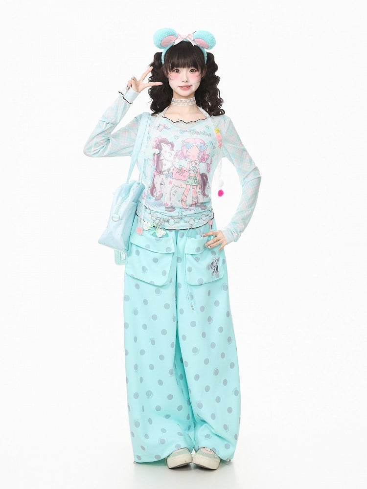 Cyan Breathable Mesh Long Sleeve Sun Protection Tee with Cartoon - Languid Park | CoyBunny