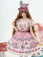Pink & Green Alice Cat Vibes Heart-shaped Patch Sweet Lolita Dress with Apron Belt - Mewroco | CoyBunny