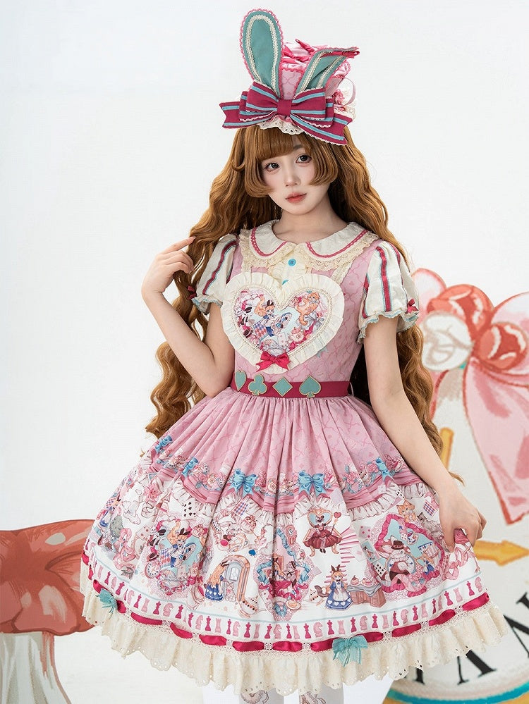 Pink & Green Alice Cat Vibes Heart-shaped Patch Sweet Lolita Dress with Apron Belt - Mewroco | CoyBunny