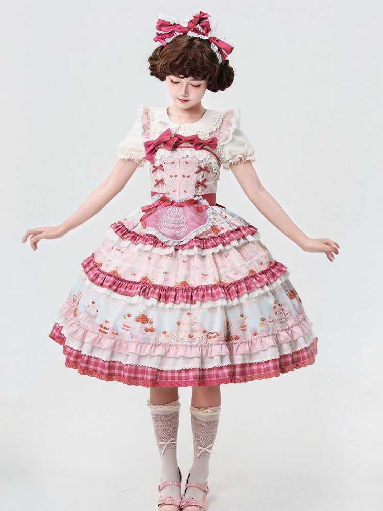 Pink Cherry Cake Print Sweet Lolita Dress with Layered Ruffles - Strawberry Fantasy | CoyBunny