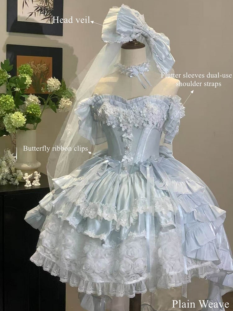 Hime Basque Flower Lace Layered Fluffy Lolita Dress Blooming with Blue Accents Waist | Sheer Ocean | CoyBunny