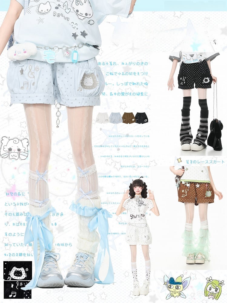 Black Polka Dot Shorts with Kitty & Music Embroidery - Languid Park | CoyBunny