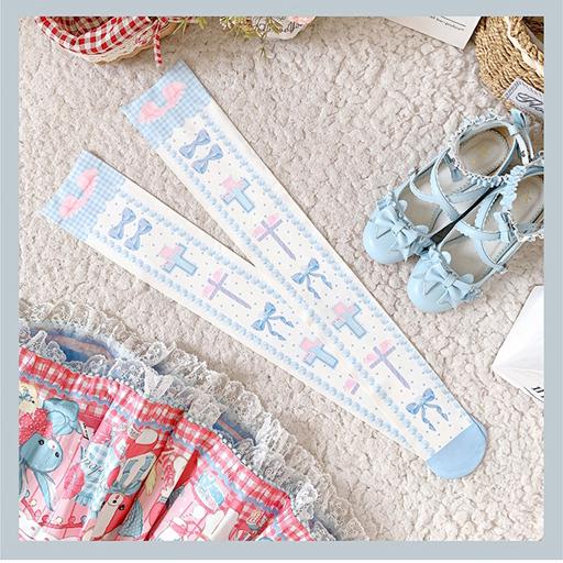 Black and Pink and Blue Sweet Lolita Cross and Bowknot Print Overknee Stockings | CoyBunny