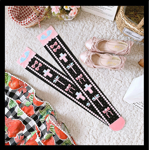 Black and Pink and Blue Sweet Lolita Cross and Bowknot Print Overknee Stockings | CoyBunny
