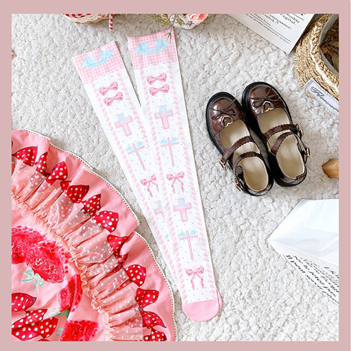 Black and Pink and Blue Sweet Lolita Cross and Bowknot Print Overknee Stockings | CoyBunny